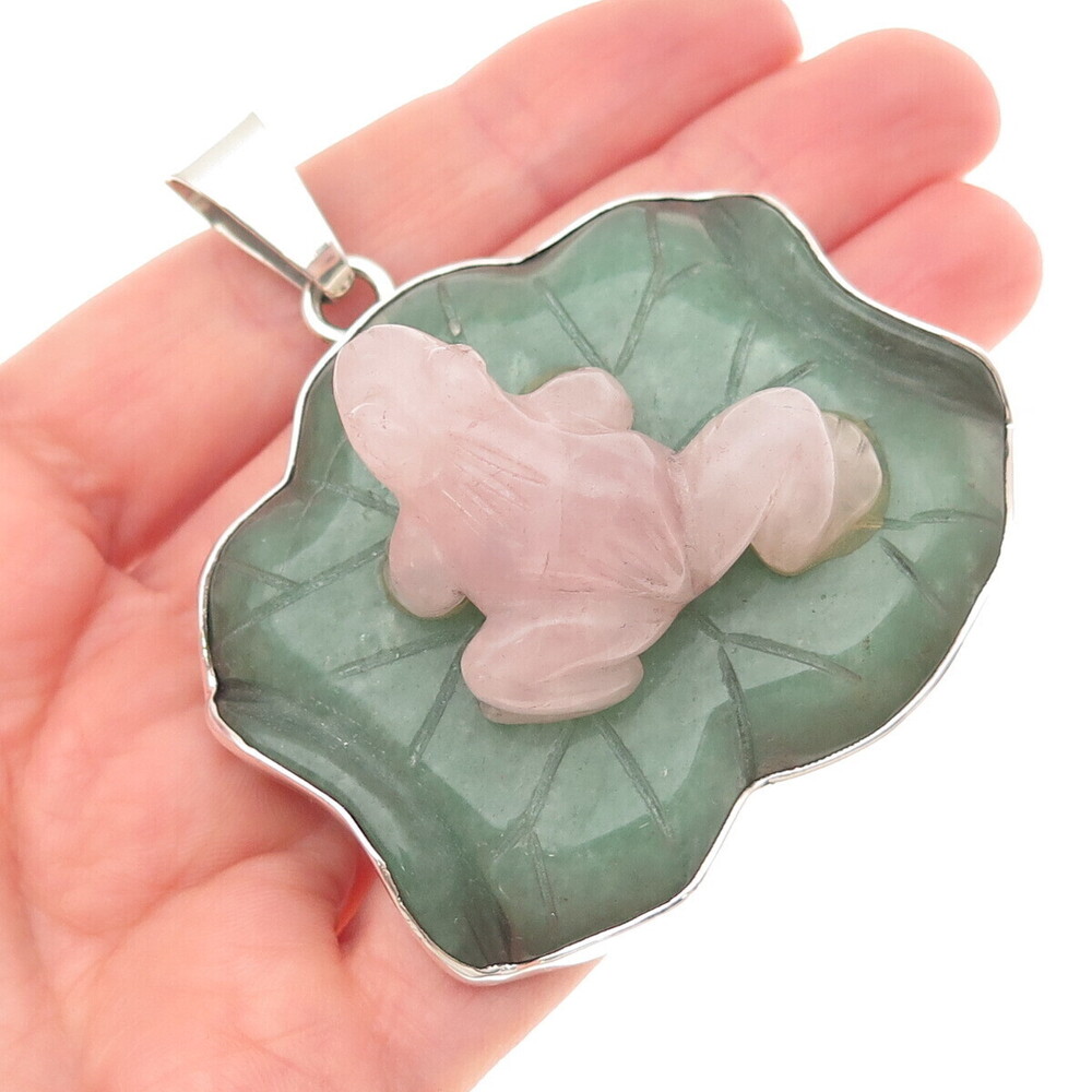 OBSIDIAN 925 Sterling Vintage Real Rose Quartz & Jade Frog Large 59.8g Pendant